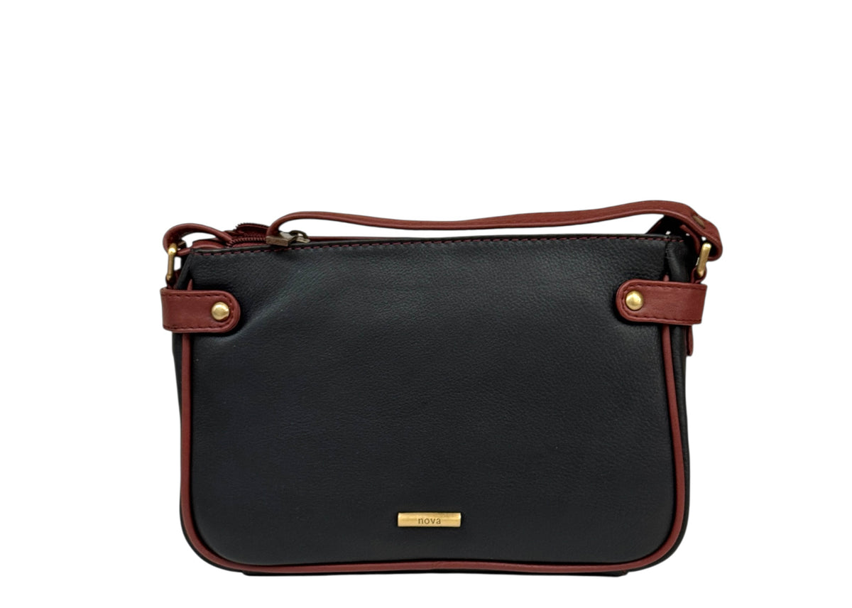 Nova Leathers Zip Top E/W Shoulder Bag Black Tan (844)