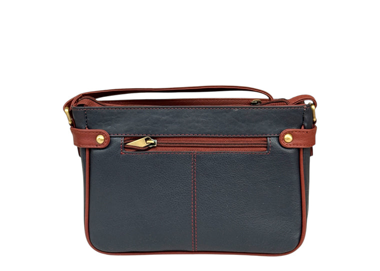Nova Leathers Zip Top E/W Shoulder Bag Navy Tan (844)