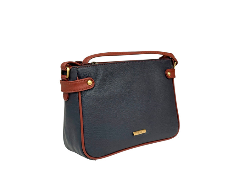 Nova Leathers Zip Top E/W Shoulder Bag Navy Tan (844)