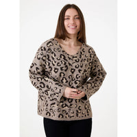 Dreams London Leopard Jacquard V-Neck Jumper Mink (AA0357)