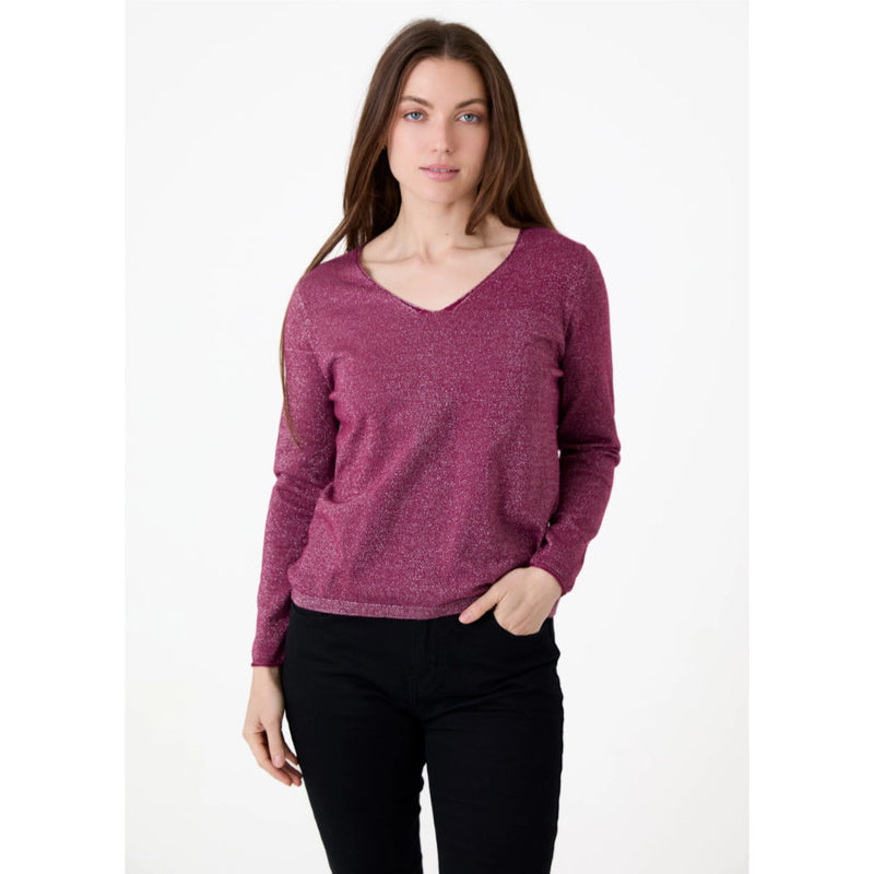 Dreams London Cashmere Like Lurex Fitted V-Neck Jumper Berry (AA0365)