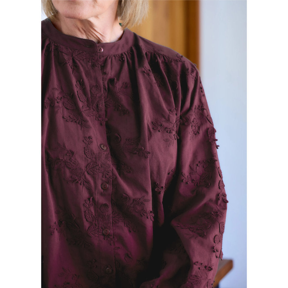 Dreams London Floral Applique Button Through Blouse Berry (AA0372)