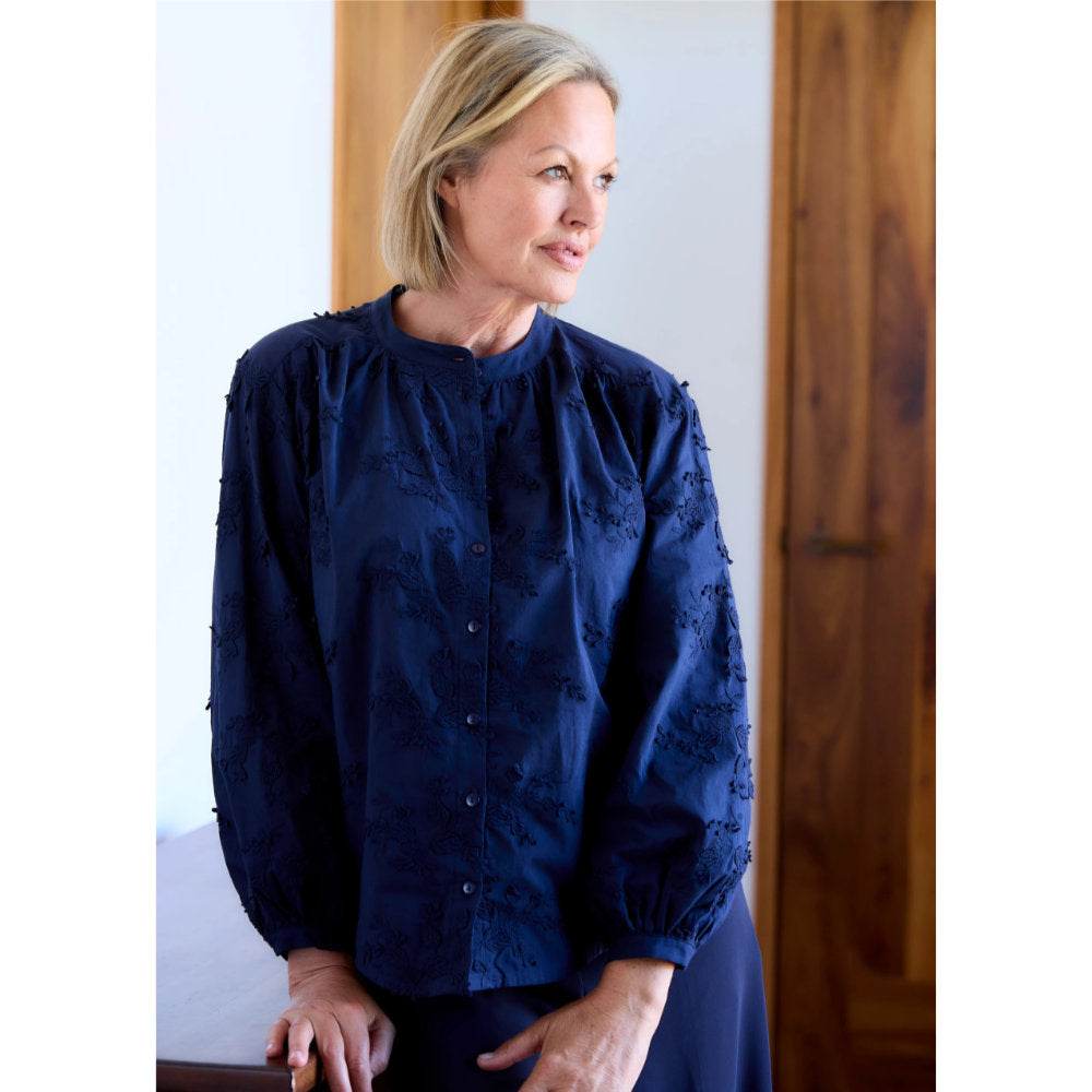 Dreams London Floral Applique Button Through Blouse Navy (AA0372)
