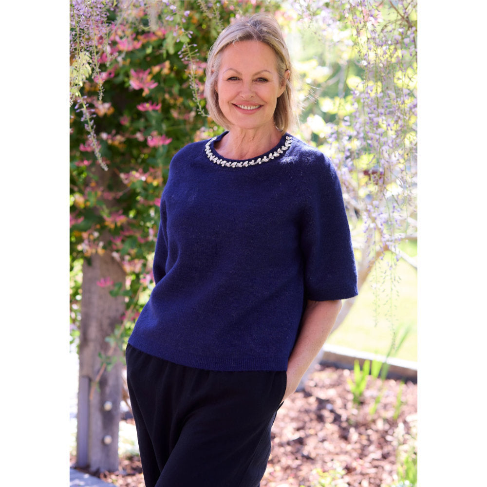 Dreams London Diamante Necklace Short Sleeve Raglan Jumper Navy (AA0386)