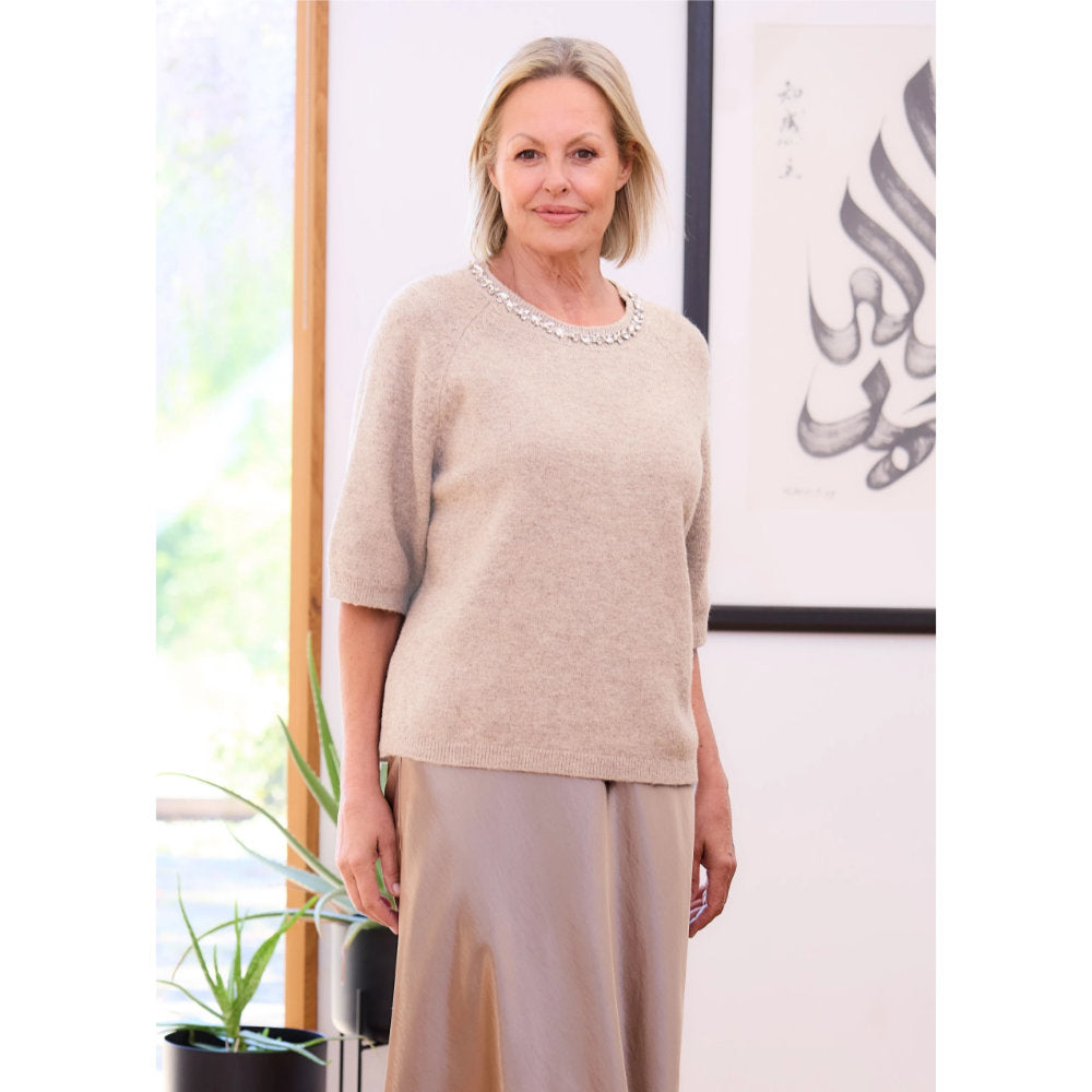 Dreams London Diamante Necklace Short Sleeve Raglan Jumper Oatmeal (AA0386)