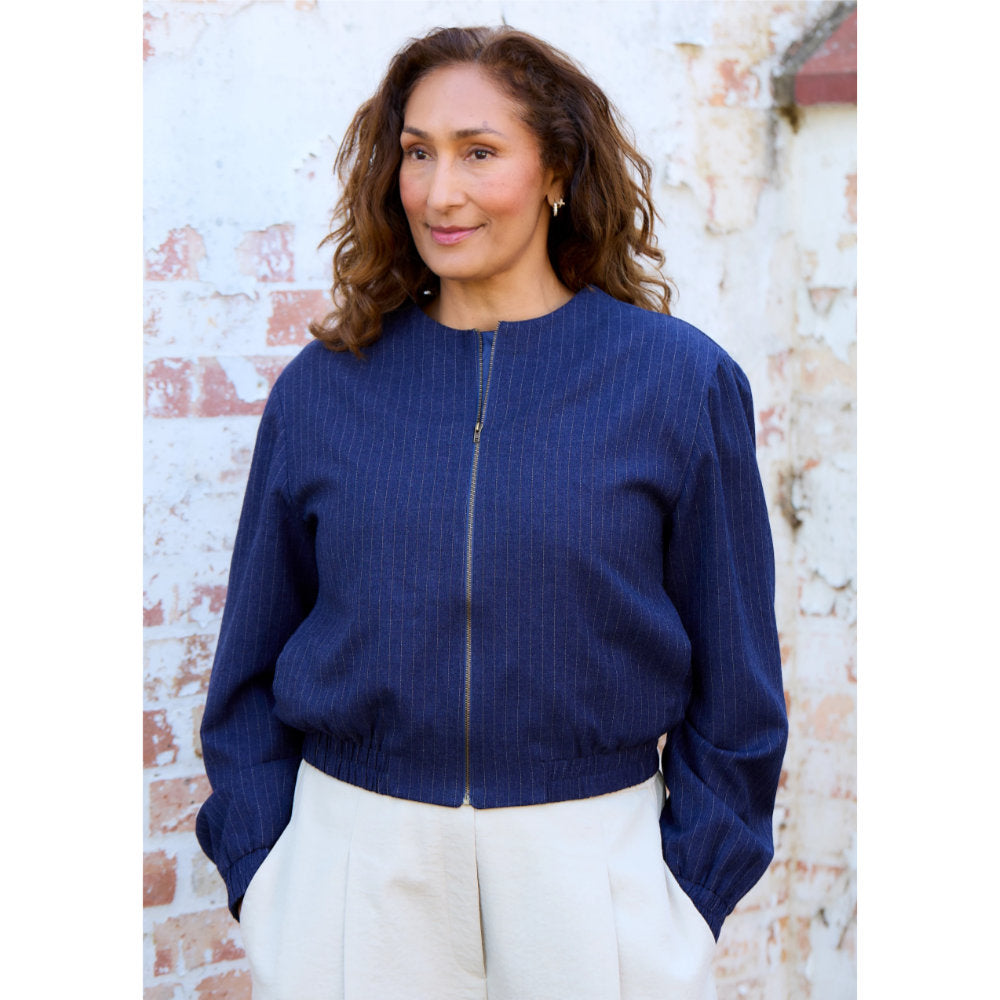 Dreams London Pinstripe Zip Front Bomber Jacket Navy (AA0391)