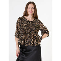 Dreams London Leopard Print Chiffon Tie Front Shirring Blouse Mink (AA0404)