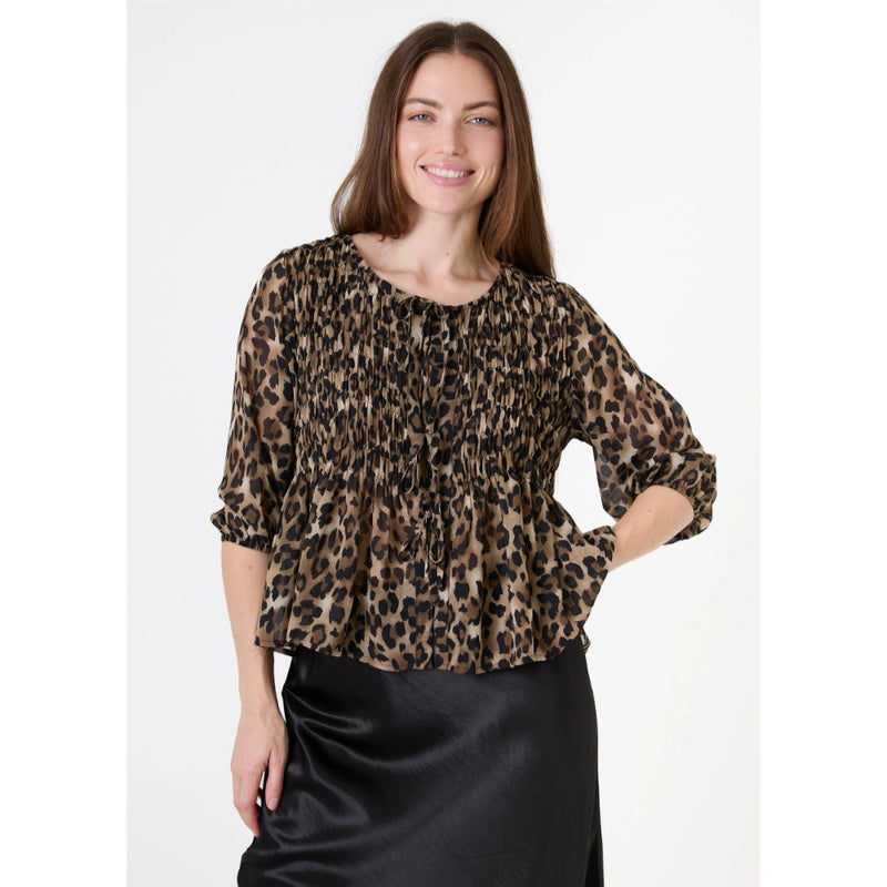 Dreams London Leopard Print Chiffon Tie Front Shirring Blouse Mink (AA0404)