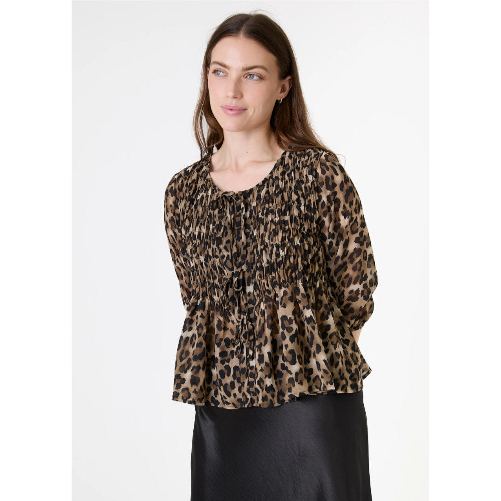 Dreams London Leopard Print Chiffon Tie Front Shirring Blouse Mink (AA0404)