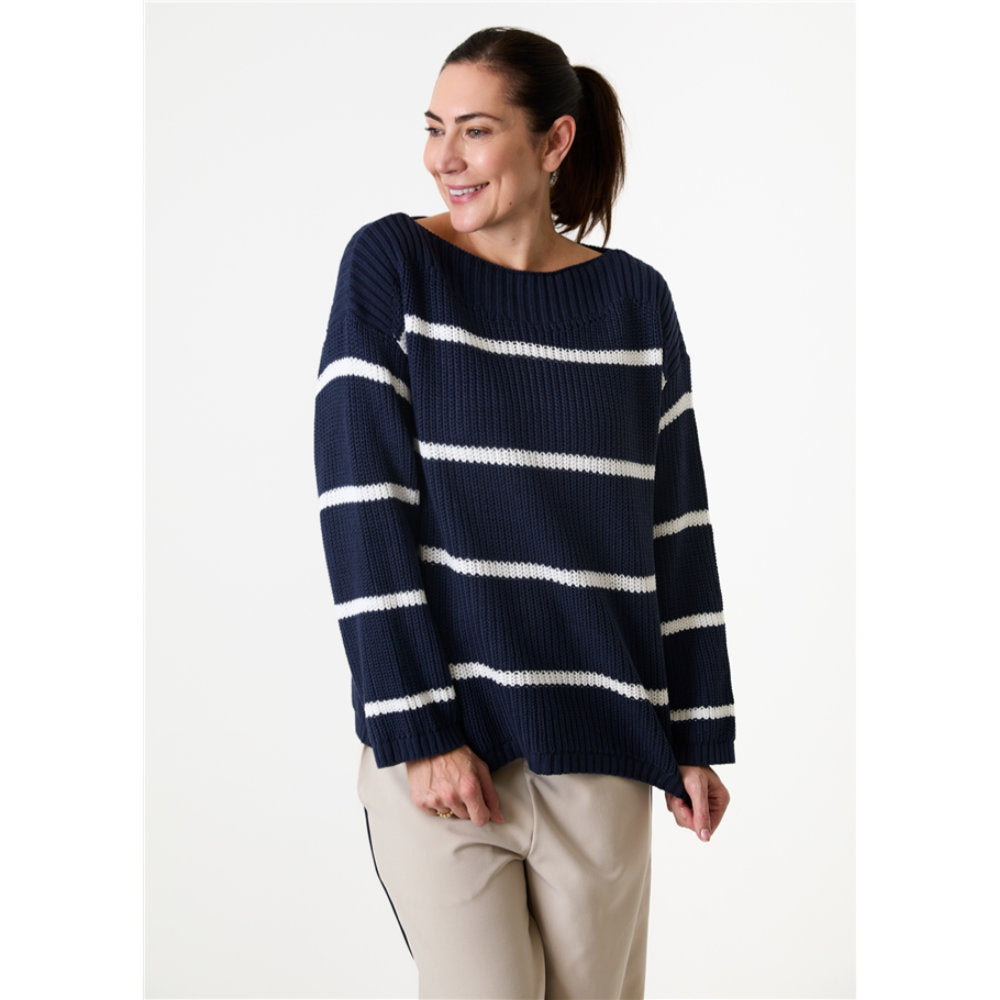 Dreams London Cotton Mix Boat Neck Stripe Jumper Navy (AA0427)