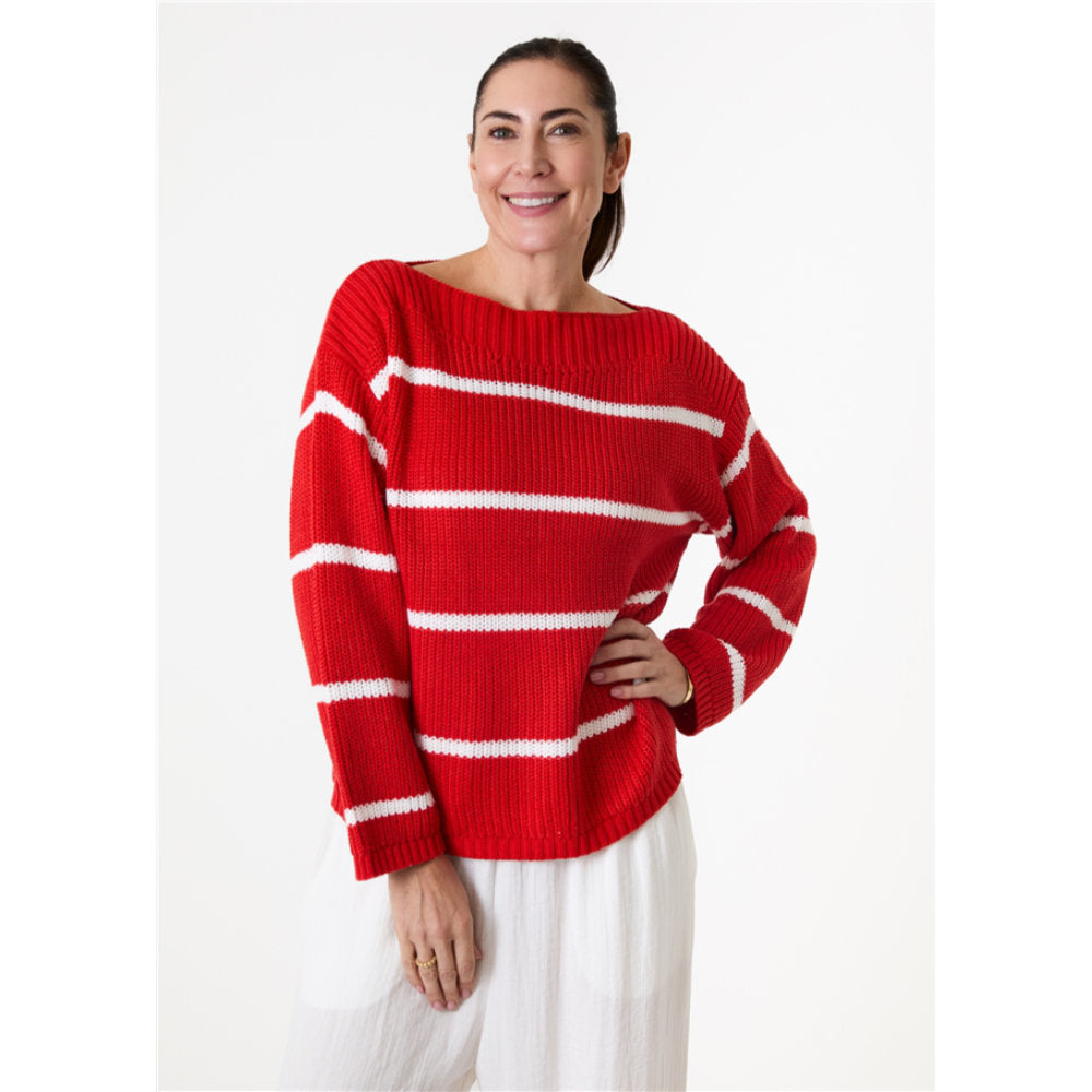 Dreams London Cotton Mix Boat Neck Stripe Jumper Poppy Red (AA0427)