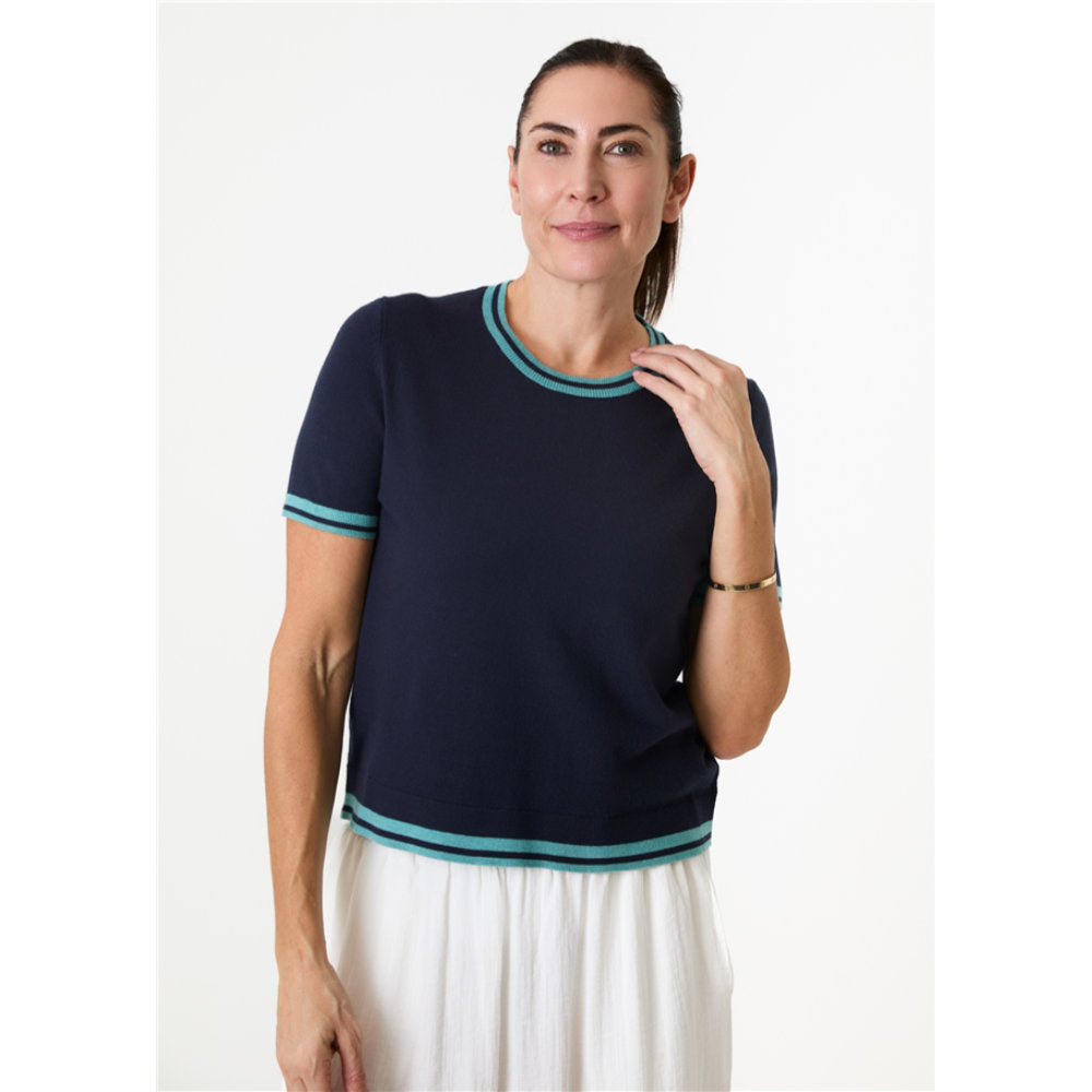 Dreams London Cashmere Like Crew Neck Tipped Detail Jumper Navy (AA0430)