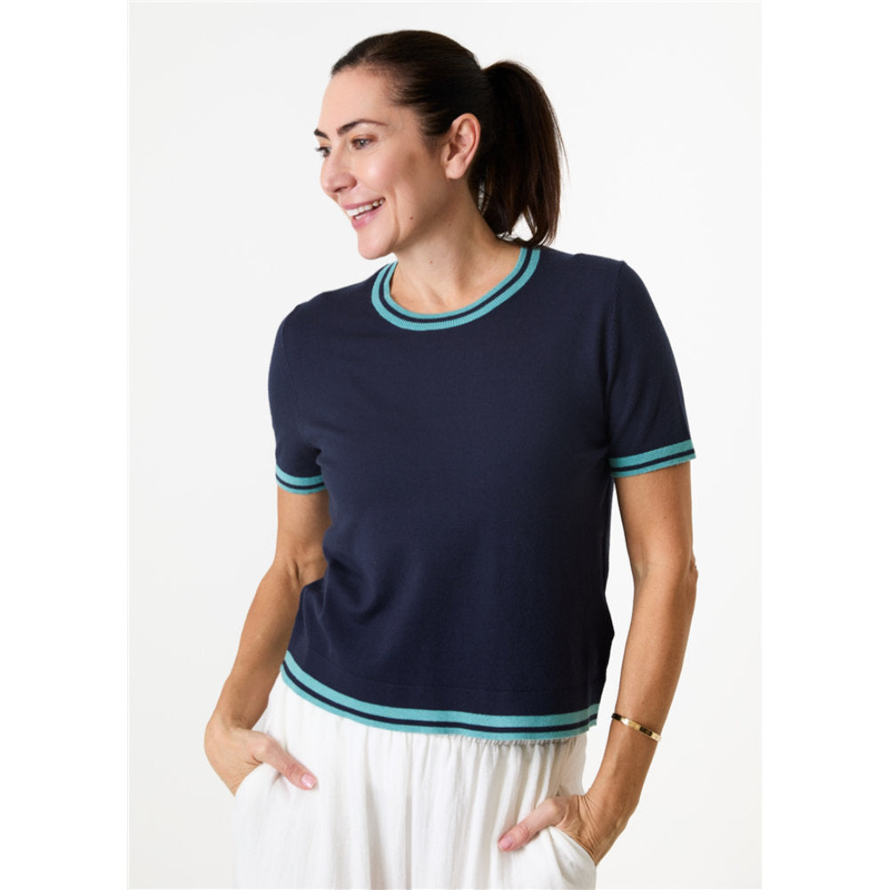 Dreams London Cashmere Like Crew Neck Tipped Detail Jumper Navy (AA0430)