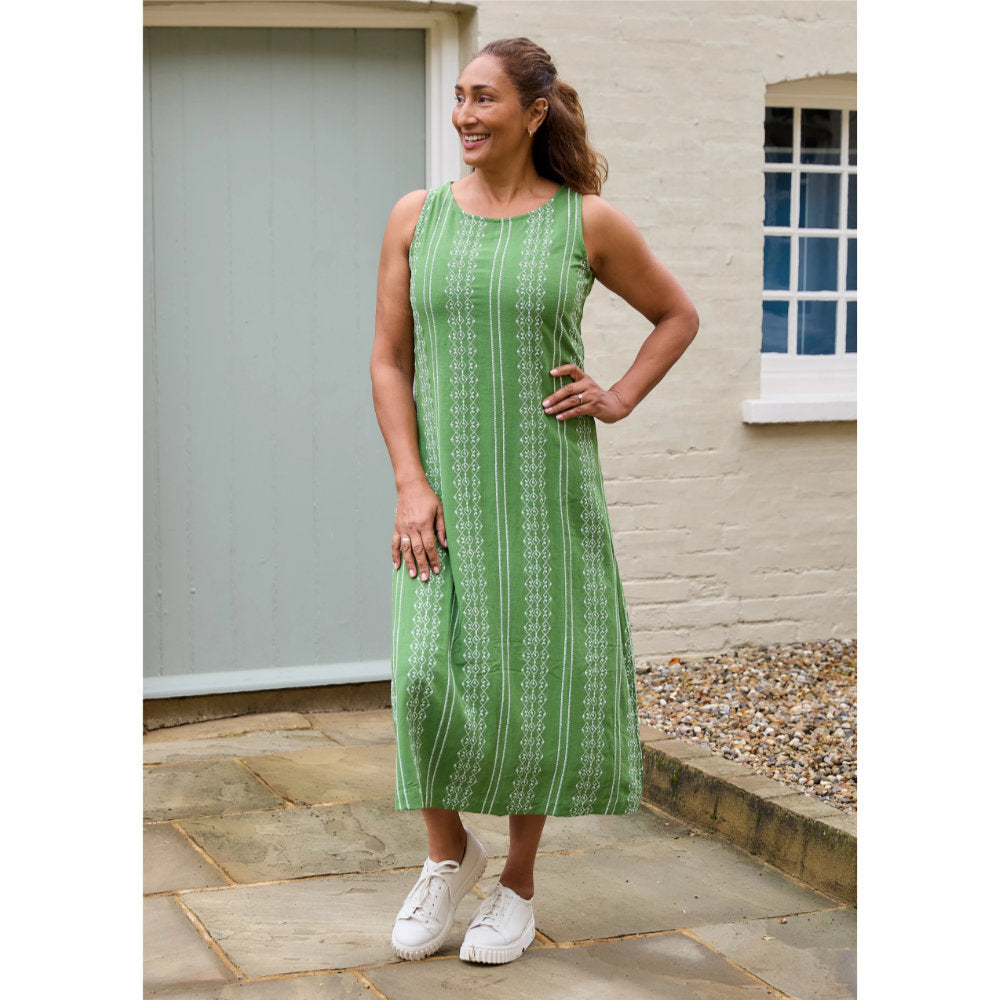 Dreams London Zig Zag Embroidery Sleeveless Fitted Tie Back Maxi Dress Basil Green (AA0443)
