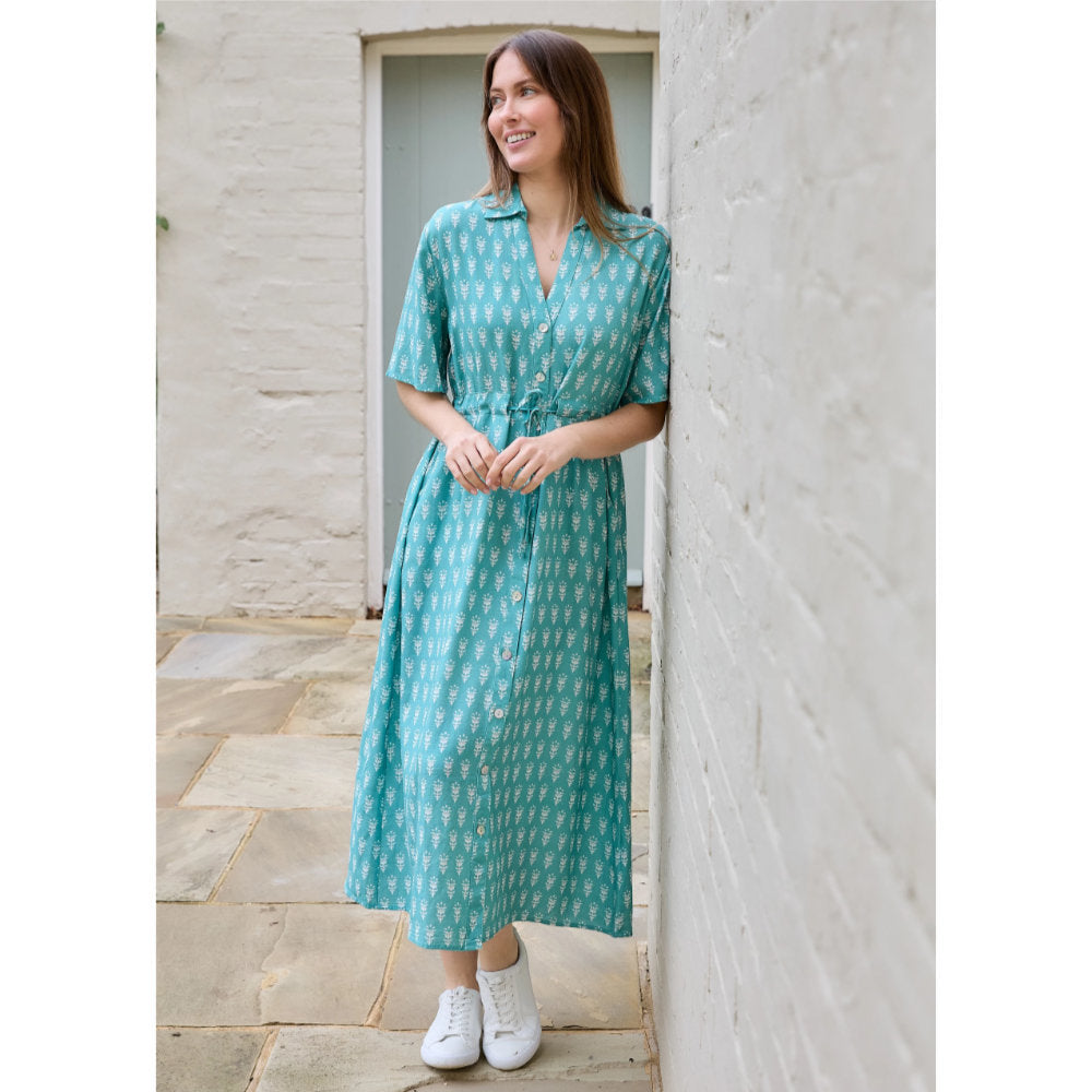 Dreams London Dainty Floral Block Print Button Through Shirt Dress Sea Foam (AA0446)