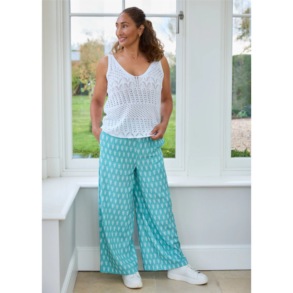Dreams London Dainty Floral Block Print Elastic Waist Palazzo Pants Sea Foam (AA0447)