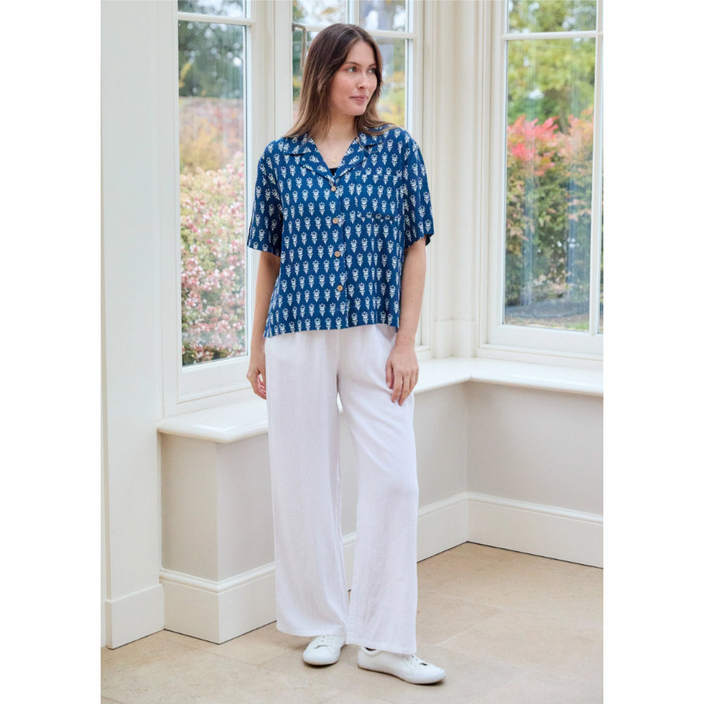 Dreams London Dainty Floral Block Print Short Sleeve Collar Shirt Navy (AA0448)