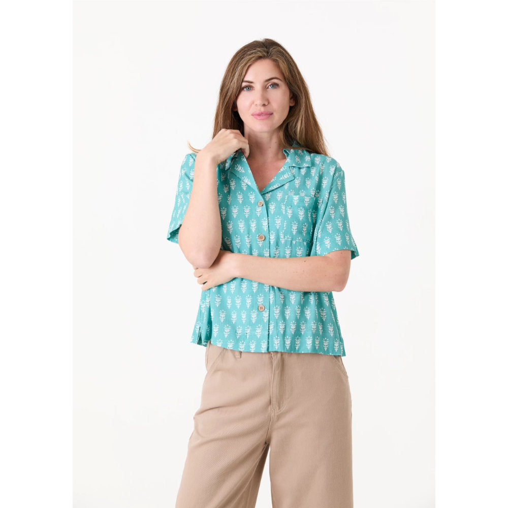 Dreams London Dainty Floral Block Print Short Sleeve Collar Shirt Sea Foam (AA0448)