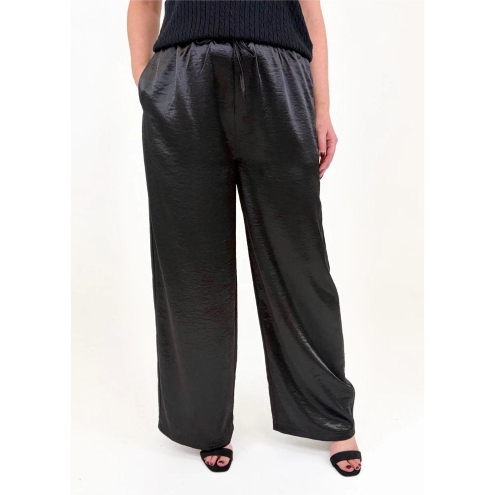 Dreams London Satin Straight Leg Elastic Waist Trouser Black (AA0464)