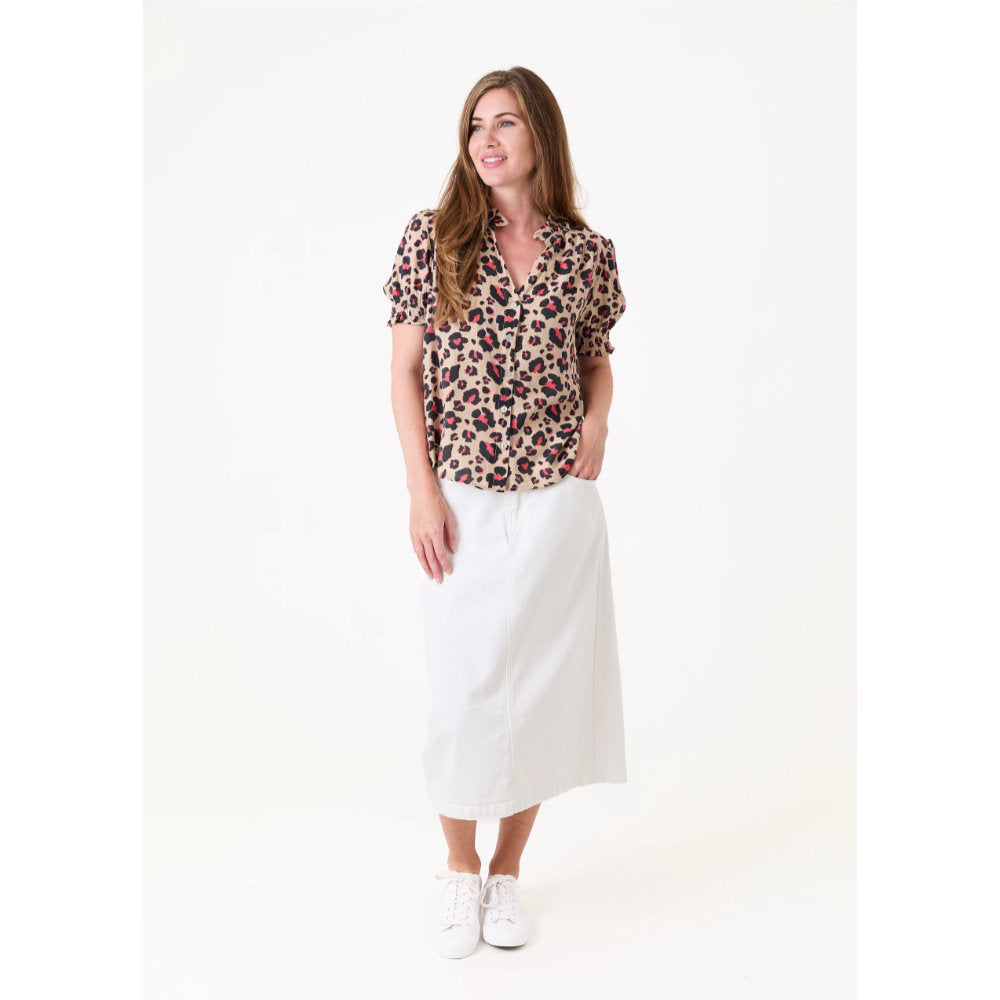 Dreams London Leopard Smudge Frill Edge V Neck Blouse Stone (AA0468)