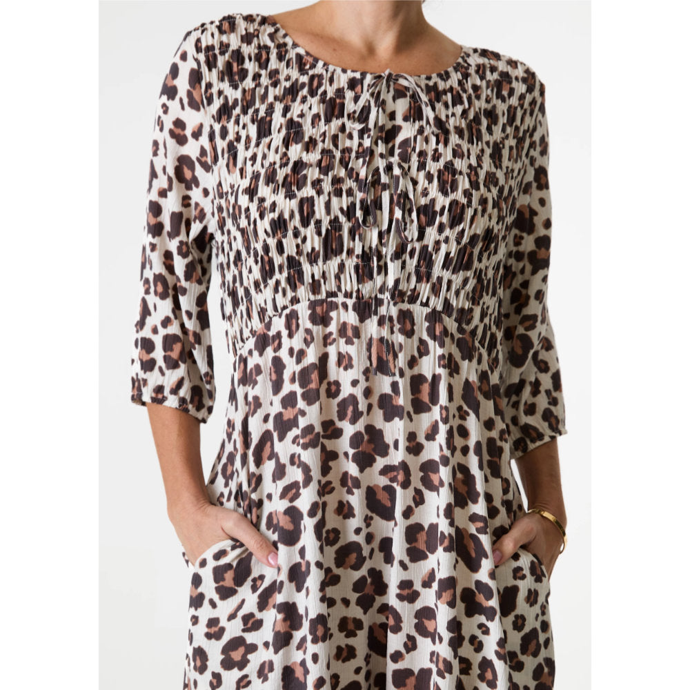 Dreams London Leopard Smudge Shirred Tie Front Midi Dress Stone (AA0470)