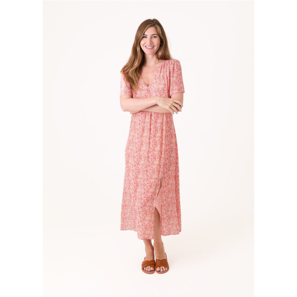 Dreams London Ditsy Blossom Split Detail V Neck Midi Dress Coral (AA0495)