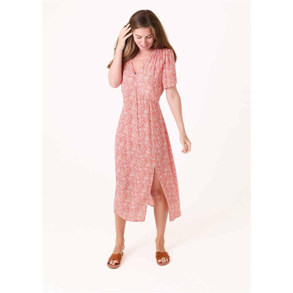 Dreams London Ditsy Blossom Split Detail V Neck Midi Dress Coral (AA0495)