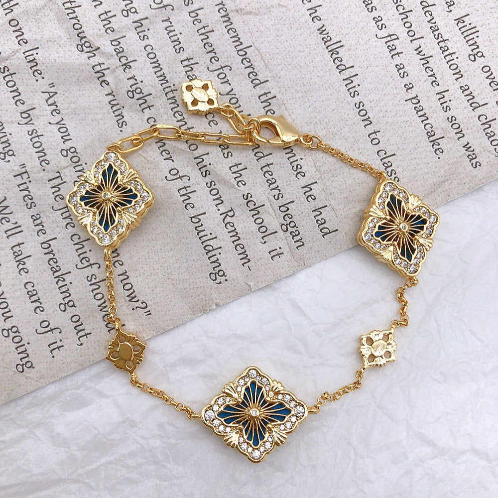 White Leaf Ornate Diamond Bracelet In Navy & Gold (BLN287N)