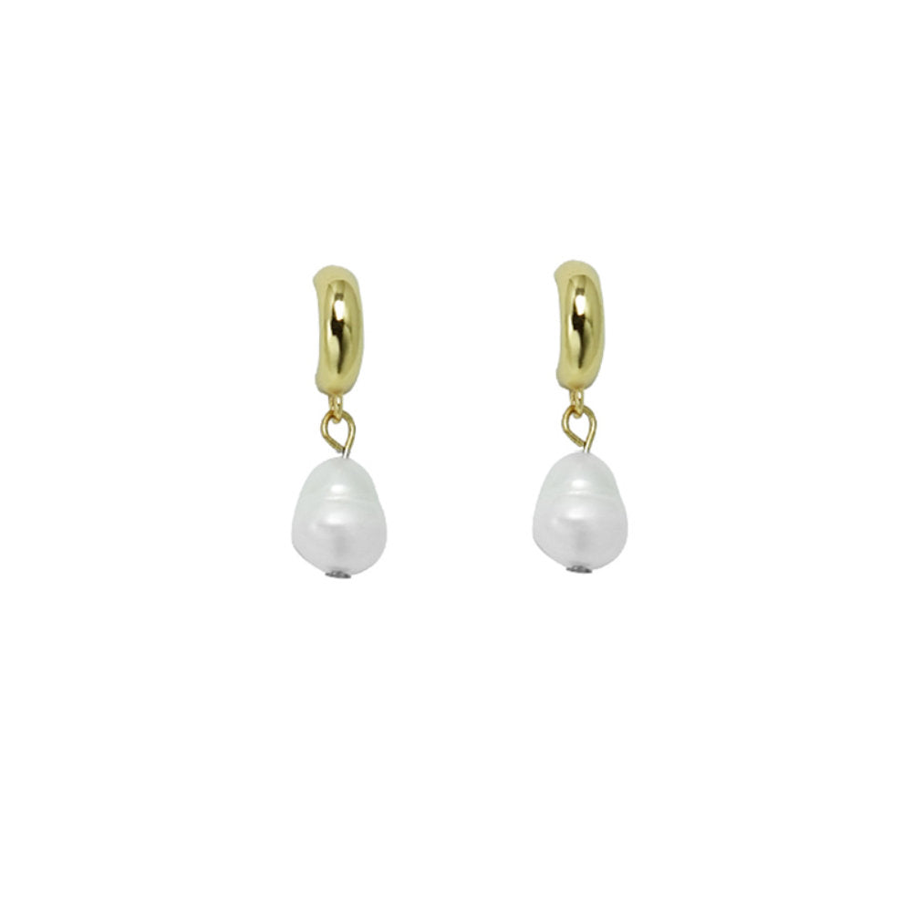 White Leaf Half Hoop Earring With Freshwater Pearl Drop In Gold (EA001G)