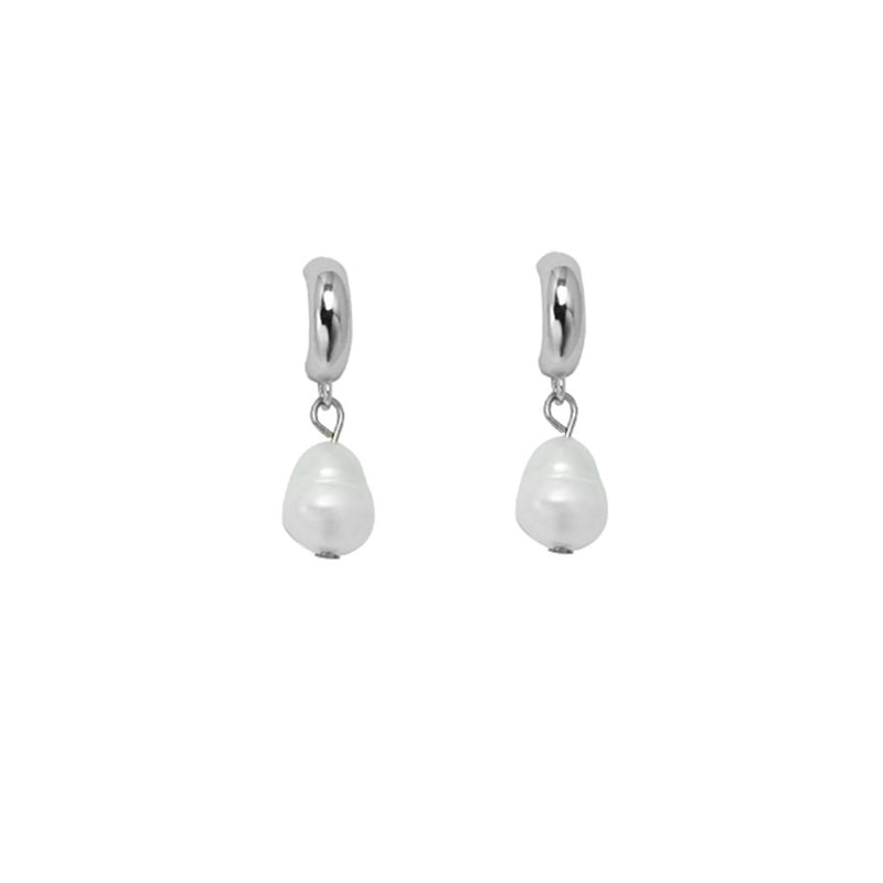 White Leaf Half Hoop Earring With Freshwater Pearl Drop In Silver (EA001S)