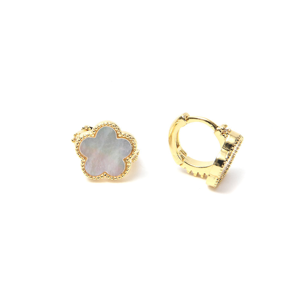 White Leaf Flower Huggie In Mother Of Pearl & Gold (EAN33W)