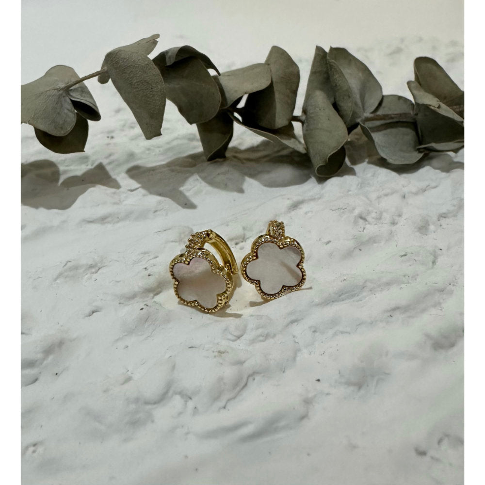 White Leaf Flower Huggie In Mother Of Pearl & Gold (EAN33W)