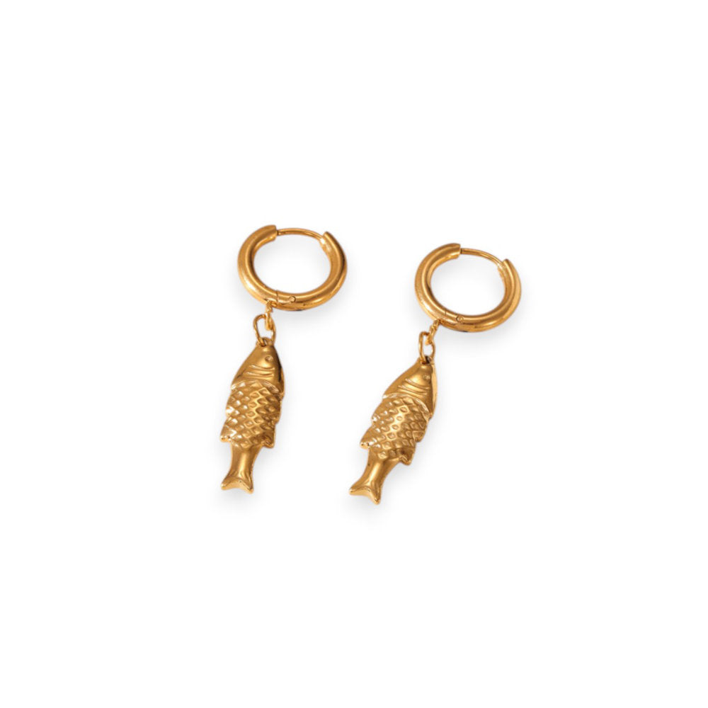 White Leaf Fish Pendant Earring In Gold (EAN51G)