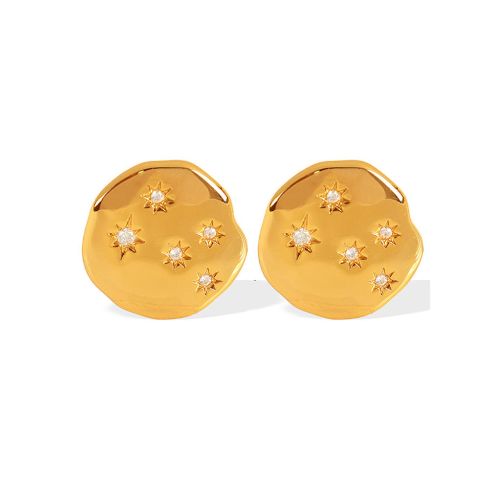 White Leaf Molten Disc Earring With Inset Stars In Gold (EAN546G)