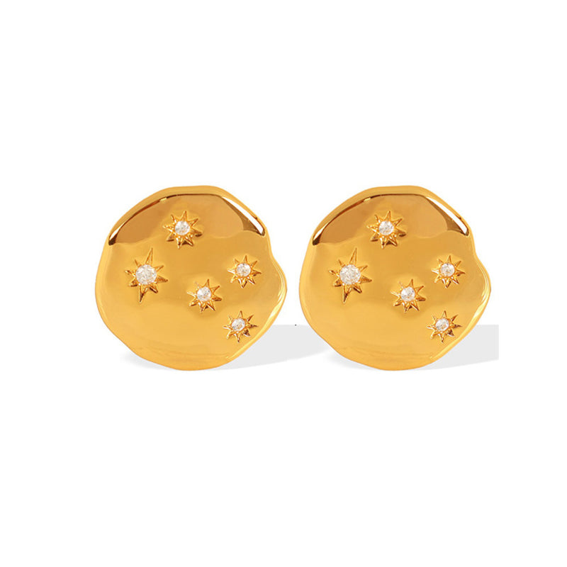 White Leaf Molten Disc Earring With Inset Stars In Gold (EAN546G)