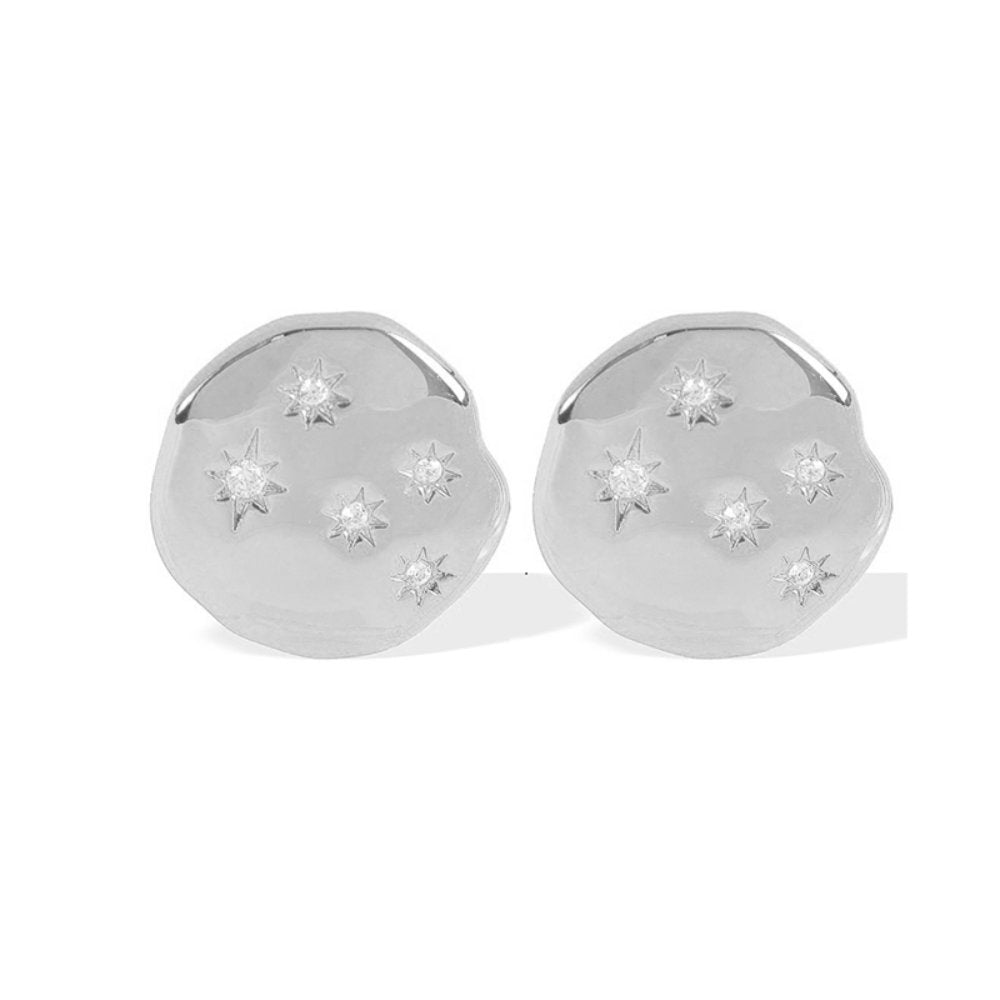 White Leaf Molten Disc Earring With Inset Stars In Silver (EAN546S)