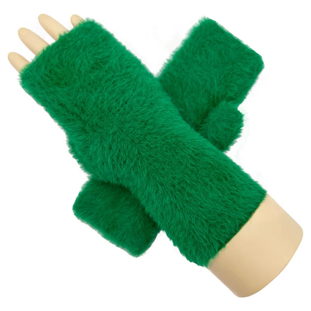 A&B Fashion GV2358-894 Solid Coloured Soft Fluffy Fingerless Gloves with Fleece Lining - Green