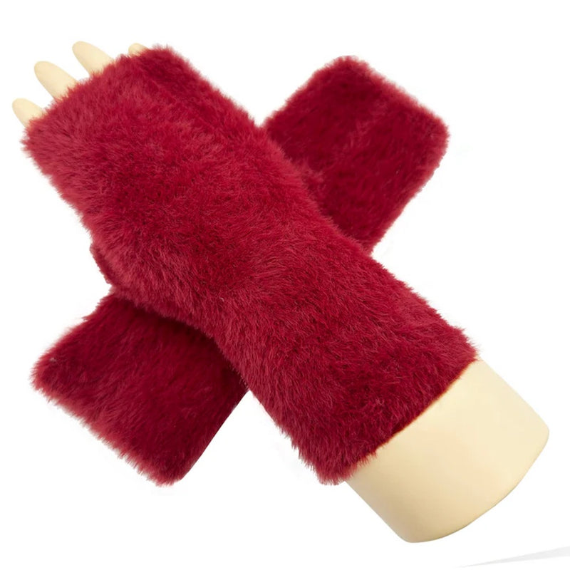 A&B Fashion GV2358-894 Solid Coloured Soft Fluffy Fingerless Gloves with Fleece Lining - Red