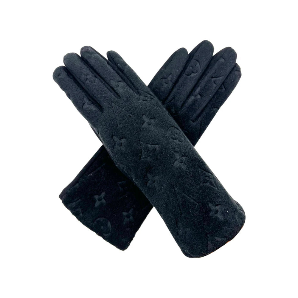 A&B Fashion GV2485-079 Four Point Star Flower Monogram Printing Touch Screen Gloves - Black