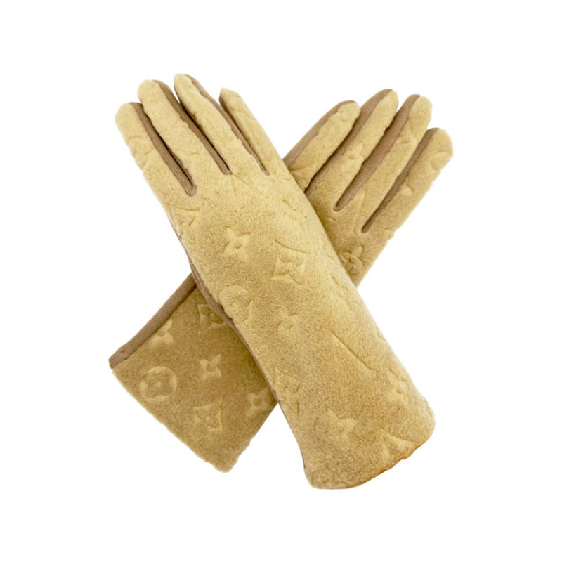 A&B Fashion GV2485-079 Four Point Star Flower Monogram Printing Touch Screen Gloves - Camel