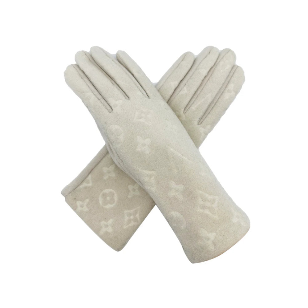 A&B Fashion GV2485-079 Four Point Star Flower Monogram Printing Touch Screen Gloves - Cream