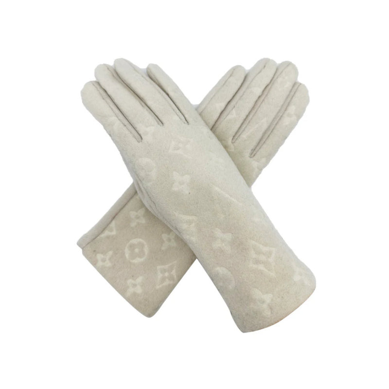 A&B Fashion GV2485-079 Four Point Star Flower Monogram Printing Touch Screen Gloves - Cream