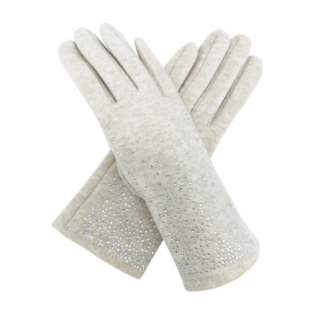 A&B Fashion GV2488-072 Plain Solid Colour Touch Screen Gloves with Sparkly Crystals - Beige