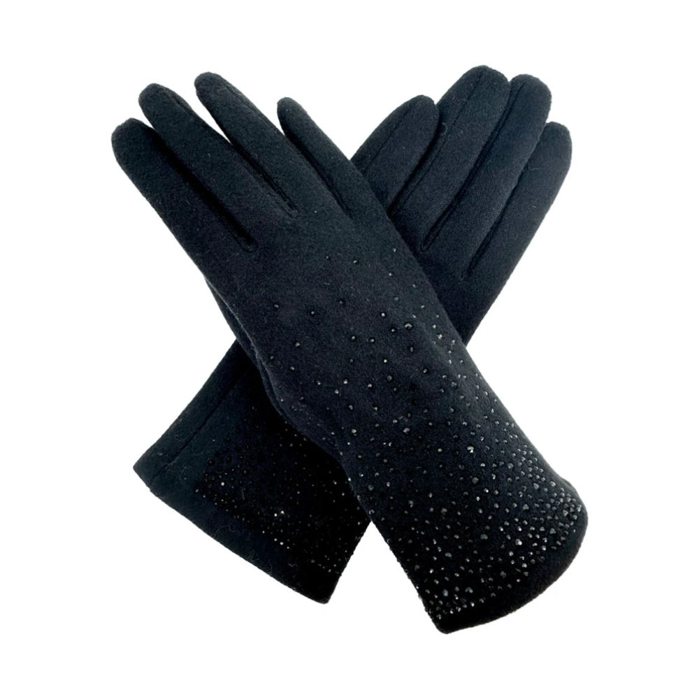 A&B Fashion GV2488-072 Plain Solid Colour Touch Screen Gloves with Sparkly Crystals - Black