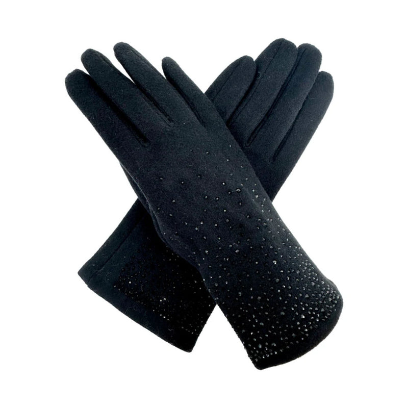 A&B Fashion GV2488-072 Plain Solid Colour Touch Screen Gloves with Sparkly Crystals - Black