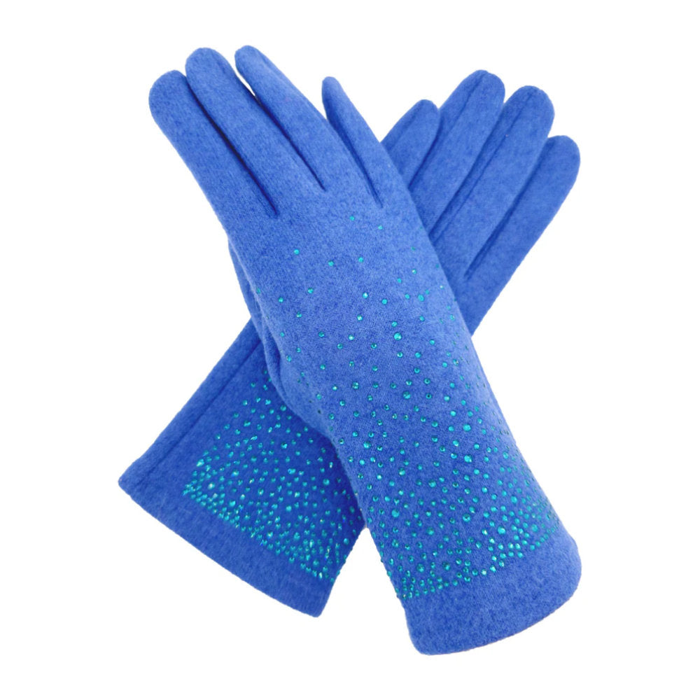 A&B Fashion GV2488-072 Plain Solid Colour Touch Screen Gloves with Sparkly Crystals - Blue