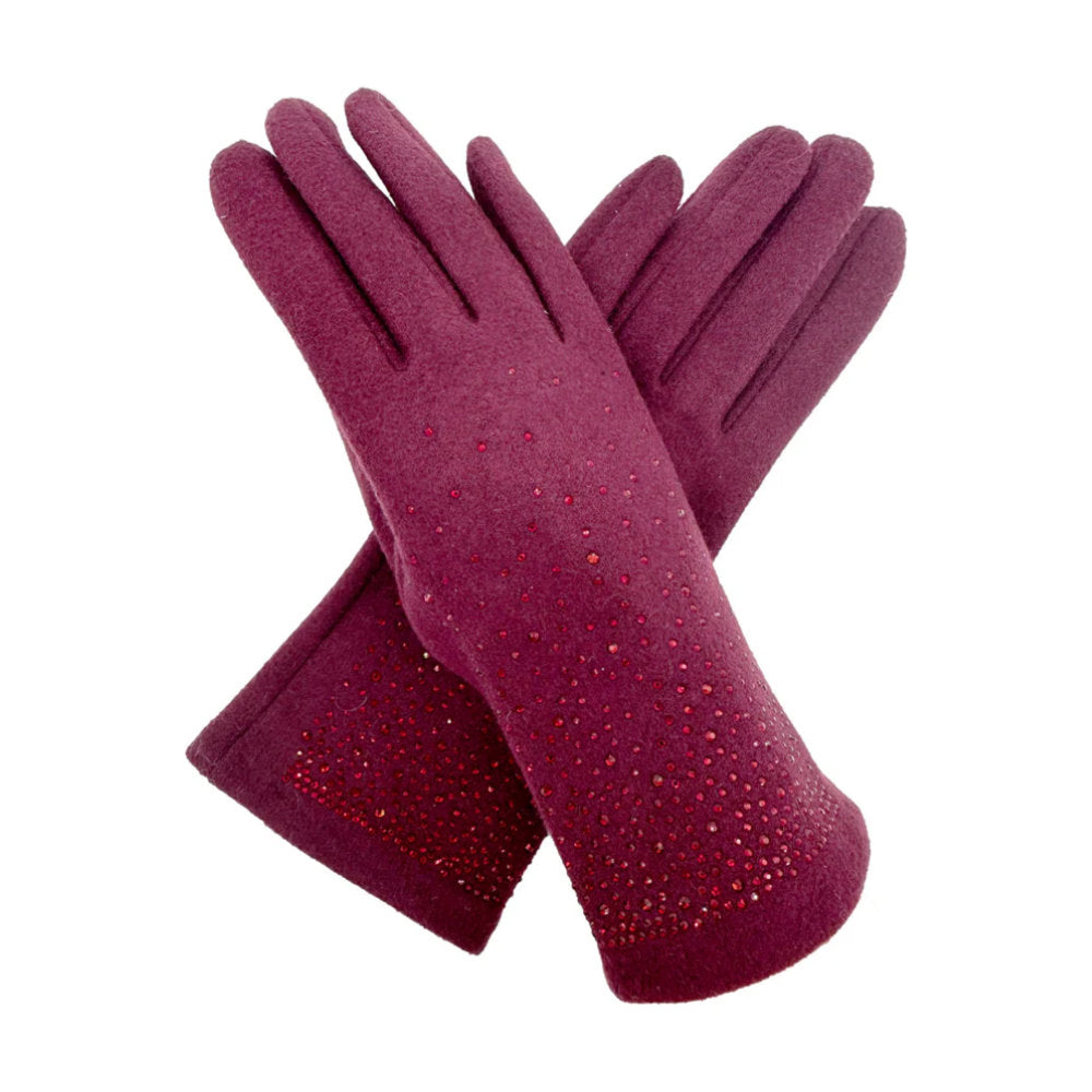 A&B Fashion GV2488-072 Plain Solid Colour Touch Screen Gloves with Sparkly Crystals - Maroon