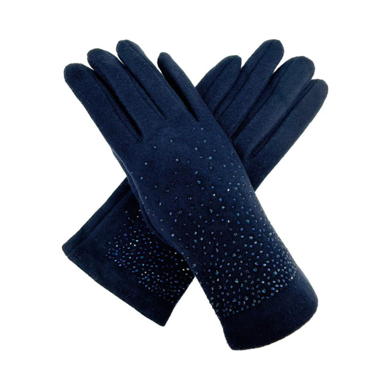 A&B Fashion GV2488-072 Plain Solid Colour Touch Screen Gloves with Sparkly Crystals - Navy