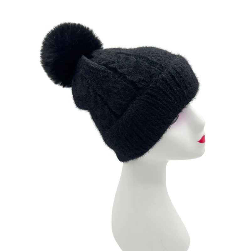 A&B Fashion HT23125-895 Faux-Fur Fluffy Pom Pom Hat - Black