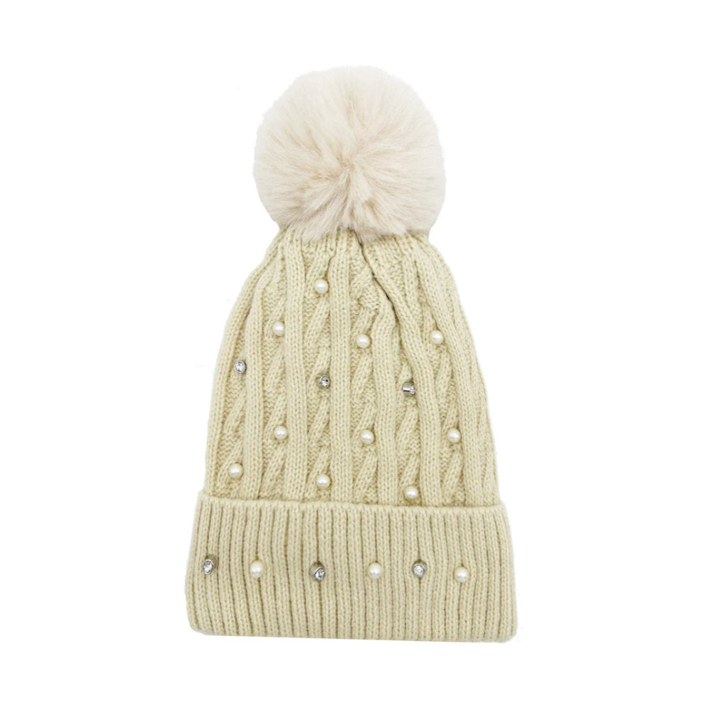 A&B Fashion HT2411-086 Knitted Beanie Pom Pom Hat with Pearls Detail - Beige